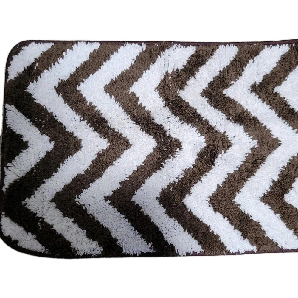 Bath Rug Short Shag Non-Slip Chevron Brown White 16 1/4